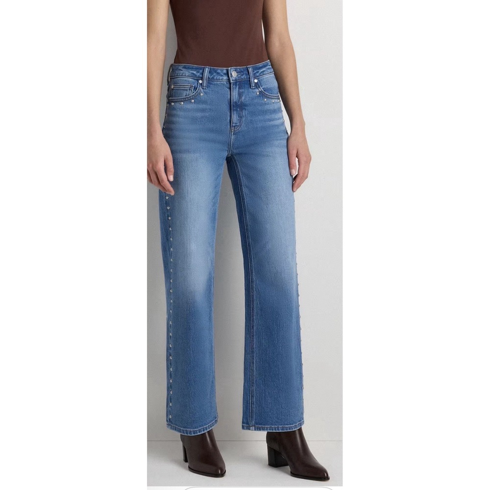 QUINCE Women Bella Stretch Studded Relaxed Straight Jeans Atlantic Blue 28 NEW‎